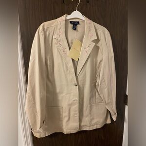 Denim & Co 2X khaki stretch denim buttoned front jacket pink embroidered floral